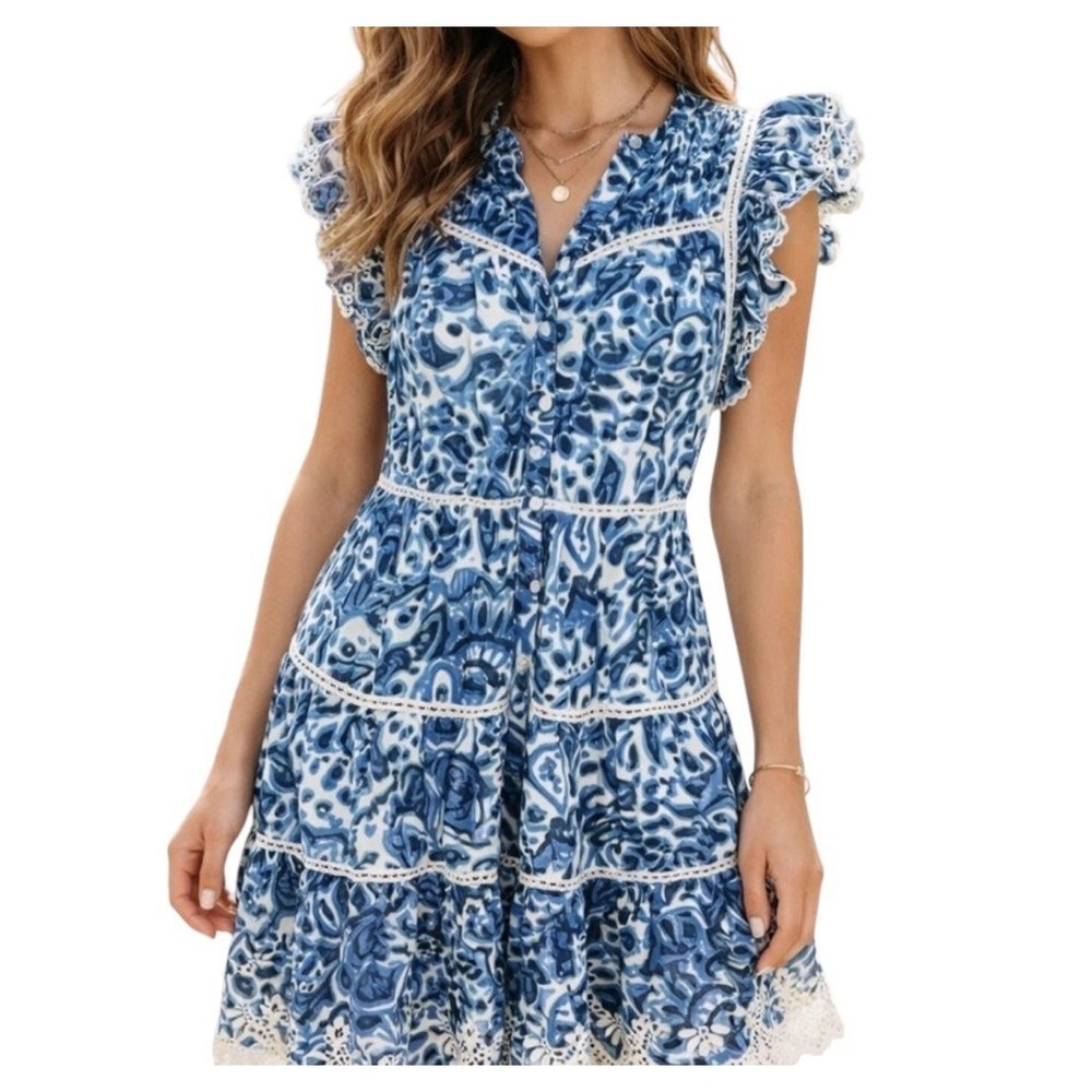 House of Harlow 1960 Melba Dress Women's Small Blue Floral Ruffle Button Front
